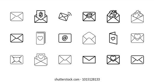 Envelope icons. set of 18 editable outline envelope icons: mail, love letter