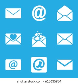 Envelope icons set. set of 9 envelope filled icons such as mail, love letter, envelope, email, at email