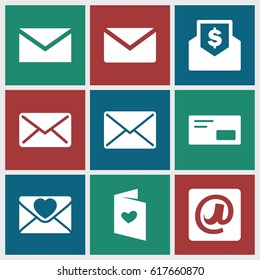 Envelope icons set. set of 9 envelope filled icons such as mail, love letter, at email, envelop