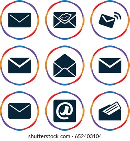 Envelope icons set. set of 9 envelope filled icons such as mail, love letter, envelope, at email