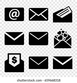 Envelope icons set. set of 9 envelope filled icons such as mail, love letter, email, letter