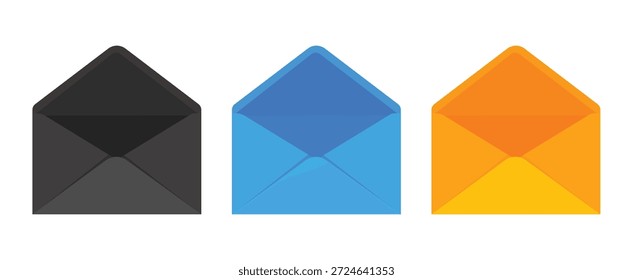 Envelope Icons Set in Black, Blue and Orange Colors On transparent background. Vectors illustration.