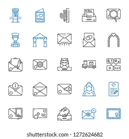envelope icons set. Collection of envelope with email, inbox, postcard, love letter, bride, message, mail truck, wedding arch, postman, stationary. Editable and scalable envelope icons.