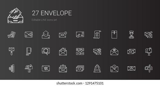 envelope icons set. Collection of envelope with email, bride, mailbox, stationary, message, love letter, contact, mail, marriage, postcard. Editable and scalable envelope icons.