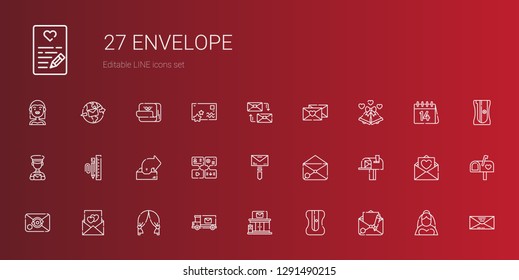 envelope icons set. Collection of envelope with email, sharpener, post office, mail truck, wedding arch, love letter, mailbox, mail, message. Editable and scalable envelope icons.