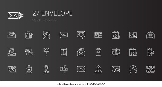 envelope icons set. Collection of envelope with email, bride, mailbox, postman, letterbox, love letter, mail, mailing, valentines day, postcard. Editable and scalable envelope icons.