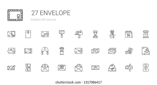 envelope icons set. Collection of envelope with inbox, love letter, email, sharpener, message, letterbox, wedding arch, postcard, post it. Editable and scalable envelope icons.