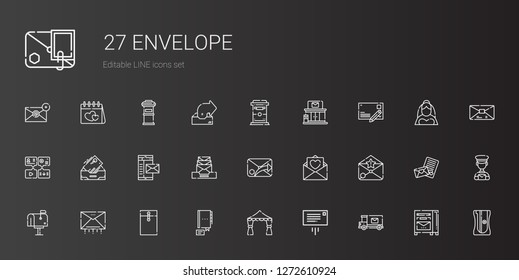 envelope icons set. Collection of envelope with mail truck, message, wedding arch, contact, email, mailbox, love letter, mail, inbox, postcard. Editable and scalable envelope icons.