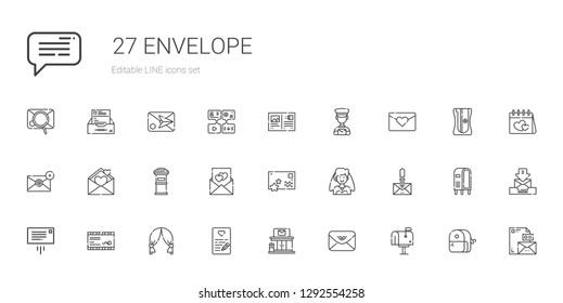 envelope icons set. Collection of envelope with mailbox, post office, love letter, wedding arch, mail, message, email, bride, postcard, letterbox. Editable and scalable envelope icons.