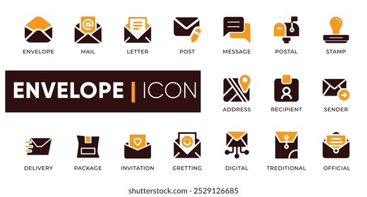 Envelope Icons Set. Includes icons for envelope symbols, mail, letter, post, message, postal, stamp, etc. Perfect for communication, messaging, and postal services.