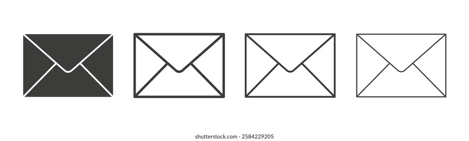 Envelope icons set. Liner outlined and flat black color