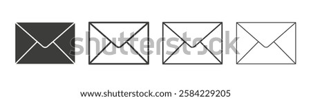 Envelope icons set. Liner outlined and flat black color