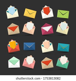Iconos sobre un fondo oscuro. Papel vectorial Símbolos de sobres abiertos y cerrados con papeles alineados aislados.