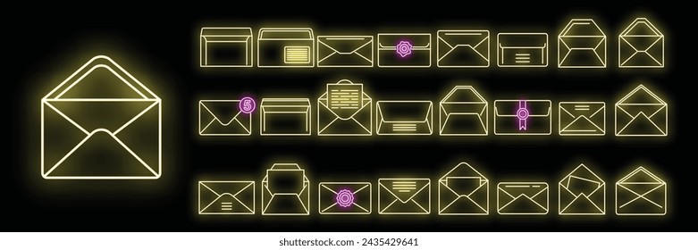 Envelope icons set outline vector. Blank mail. Postal card template neon isolated
