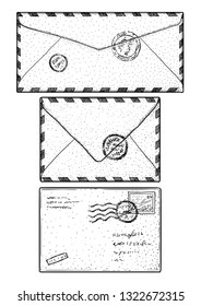 Envelope illustration, drawing, engraving, ink, line art, vector
