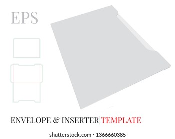 Envelope inserter template with die line, Vector with die cut, laser cut layers. White, clear, blank, isolated  Envelope mock-up  on white background with perspective presentation. Packaging Design