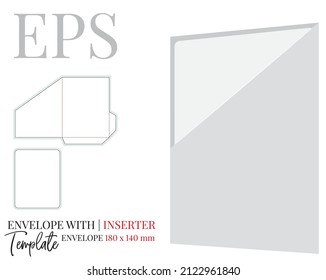 Envelope with inserter template, vector with die cut, laser cut layers. White, clear, blank, isolated  Envelope mock up  on white background with perspective presentation. Packaging Design