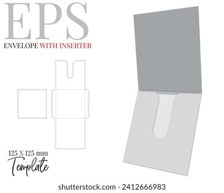 Envelope with inserter template, vector with die cut, laser cut layers. White, clear, blank, isolated  envelope mock-up on white background with perspective presentation.