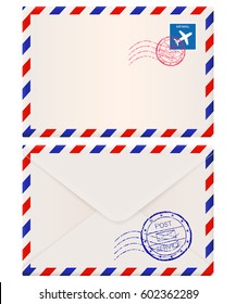 Envelope. International air mail with red and blue frame. Front and back side. Vector 3d illustration isolated on white background