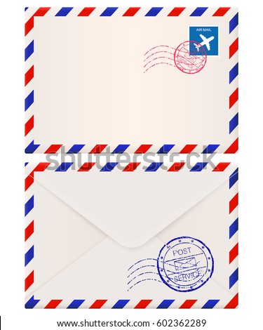 Envelope. International air mail with red and blue frame. Front and back side. Vector 3d illustration isolated on white background