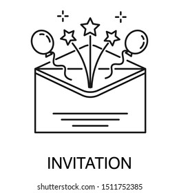 Envelope or invitation, balloons and stars isolated outline icon vector. Letter or postal message, post mail, email or official document. Party or birthday celebration, inviting card, paper message