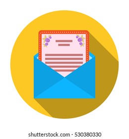 Envelope with invitation card icon in flat style isolated on white background. Event service symbol stock vector illustration.