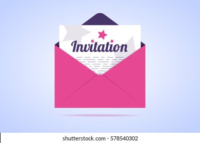 Envelope with invitation letter. Vector illustration in flat style.