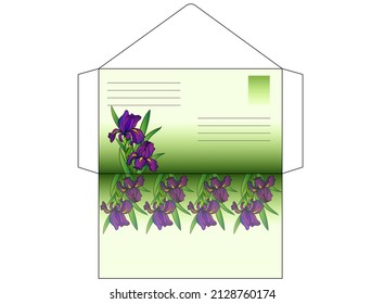 Envelope with Irises, do-it-yourself sweep - vector full-color template for cut and glue envelope decorated with flowers and leaves. Envelope with flowers irises