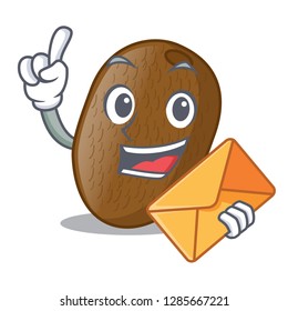With envelope kiwifruit on table of character wood
