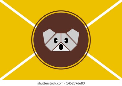 Envelope with Koala` s cartoonish and cute face in origami style in circle, vector illustration.