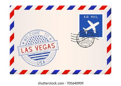 Envelope with Las Vegas Italy stamp. International mail postage with postmark and stamps. Vector illustration