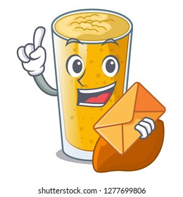 With envelope lassi mango in a cartoon bottle