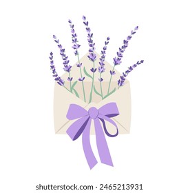 Envelope with lavender flowers and bow. Isolated vector illustration in flat style