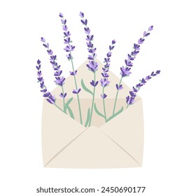 Sobre con flores de lavanda. Ilustración vectorial aislada en estilo plano