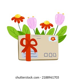 Envelope with letter in craft paper with green plant and flower. Greetings and correspondence. Handmade sheet with mail. Postal invitation. Cartoon illustration