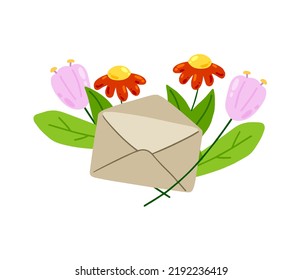 Envelope with letter in craft paper with green plant and flower. Greetings and correspondence. Handmade sheet with mail. Postal invitation. Cartoon illustration