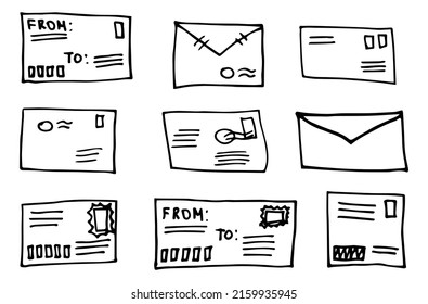 Doodles de letras de sobres. Colección de elementos dibujados a mano. Conjunto de objetos vectores