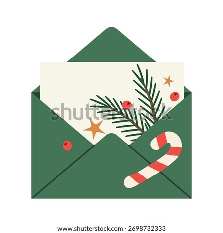 envelope with a letter and fir twigs, candy cane, stars and berries; sending festive greetings and holiday correspondence- vector illustration