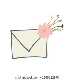 Envelope letter with floral elements symbols, spring or summer greeting card. Vector clip art