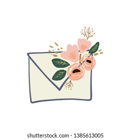 Envelope letter with floral elements symbols, spring or summer greeting card. Vector clip art