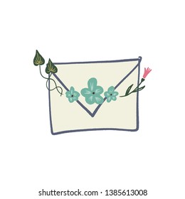 Envelope letter with floral elements symbols, spring or summer greeting card. Vector clip art