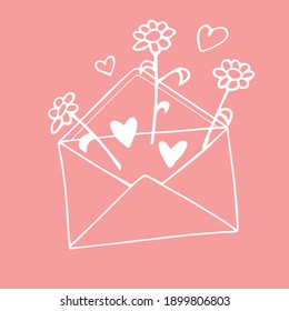 Envelope with letter, flowers and hearts. Cute hand drawn vector element of romantic design. February 14, Valentine's Day. Declaration of love