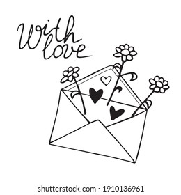 Envelope with letter, flowers and hearts. Cute hand drawn vector element of romantic design. February 14, Valentine's Day. Declaration of love