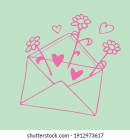 Envelope with letter, flowers and hearts. Cute hand drawn vector element of romantic design. February 14, Valentine's Day. Declaration of love