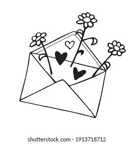 Envelope with letter, flowers and hearts. Cute hand drawn vector element of romantic design. February 14, Valentine's Day. Declaration of love