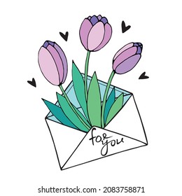 Envelope with letter, flowers and hearts. Cute hand drawn vector clipart, element of romantic design. February 14, Valentine's Day. Declaration of love