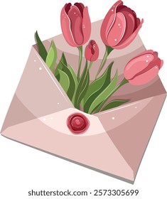 Envelope with letter with flowers. Pink tulips. Spring flowers, Easter. Vector illustration for poster, banner, card, postcard.