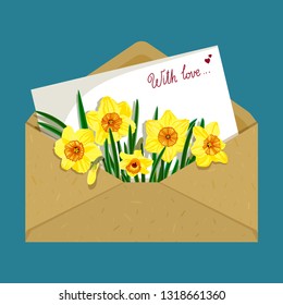 Envelope with a letter and flowers. Vector illustration. Daffodils.