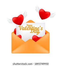 Envelope with a letter and flying red hearts with angel wings. Valentine's day greeting card concept vector illustration isolated on a white background