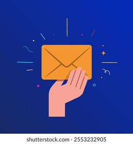 Envelope with letter in hand. Color illustration on a blue background.
